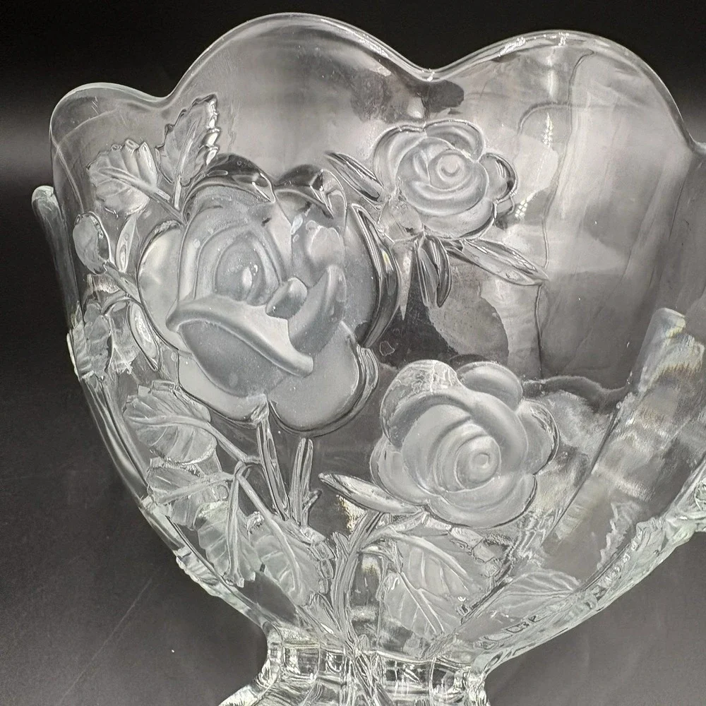 Vtg Imperlux Crystal Compote Centerpiece Bowl Clear Frosted Roses 1950s Bohemian